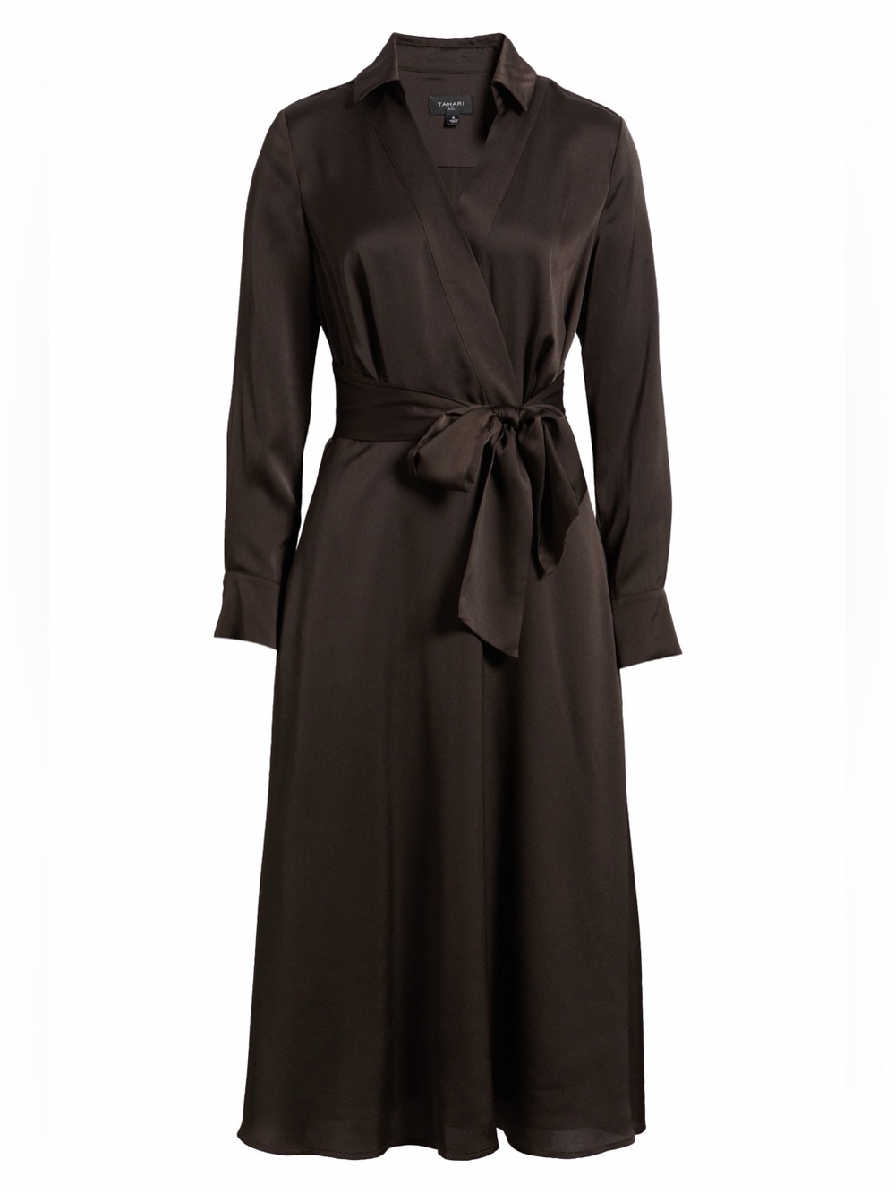 Tahari ASL Long-Sleeve Wrap Matte Satin Shirt Dress